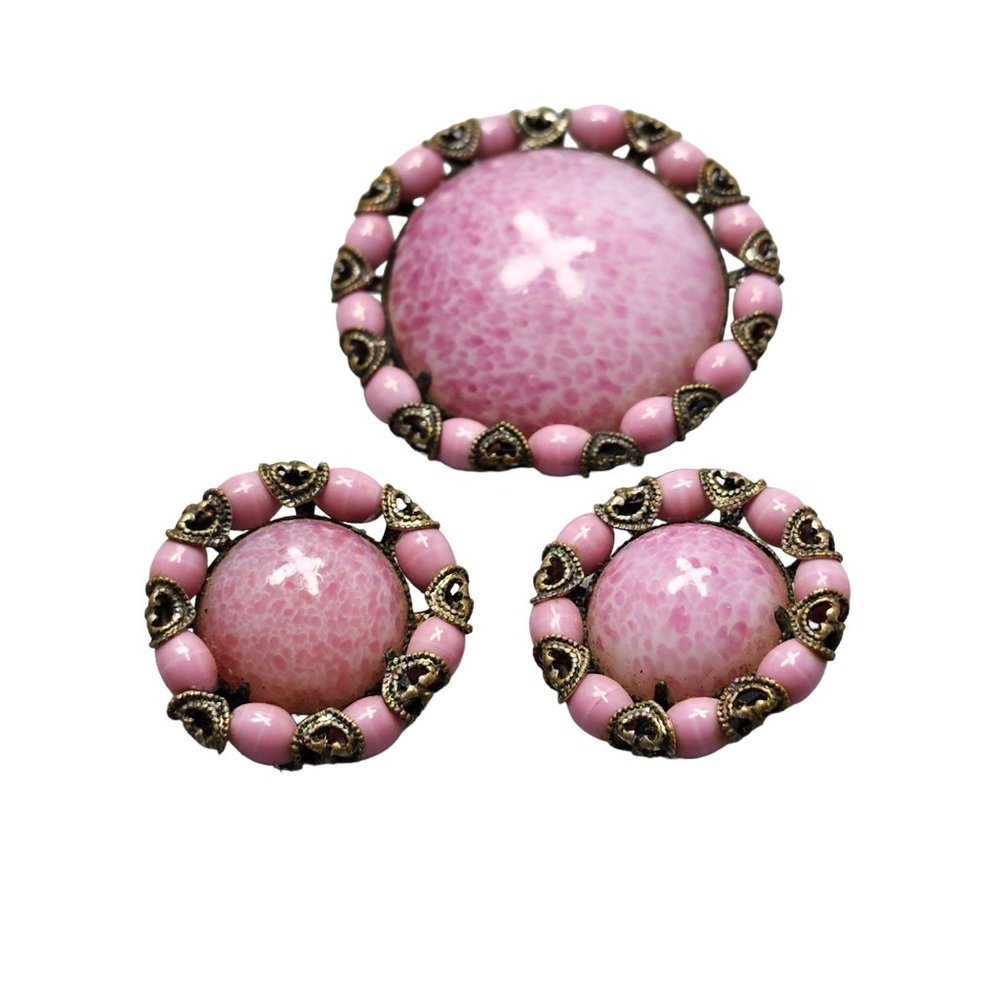 Vintage Pink Speckled Czech Glass Brooch and Earrings Set (A1444)
